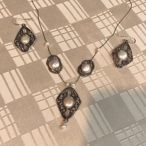 Fine Biwa Pearl Sterling Silver Filagree Necklace & Earrings by Israeli Artist